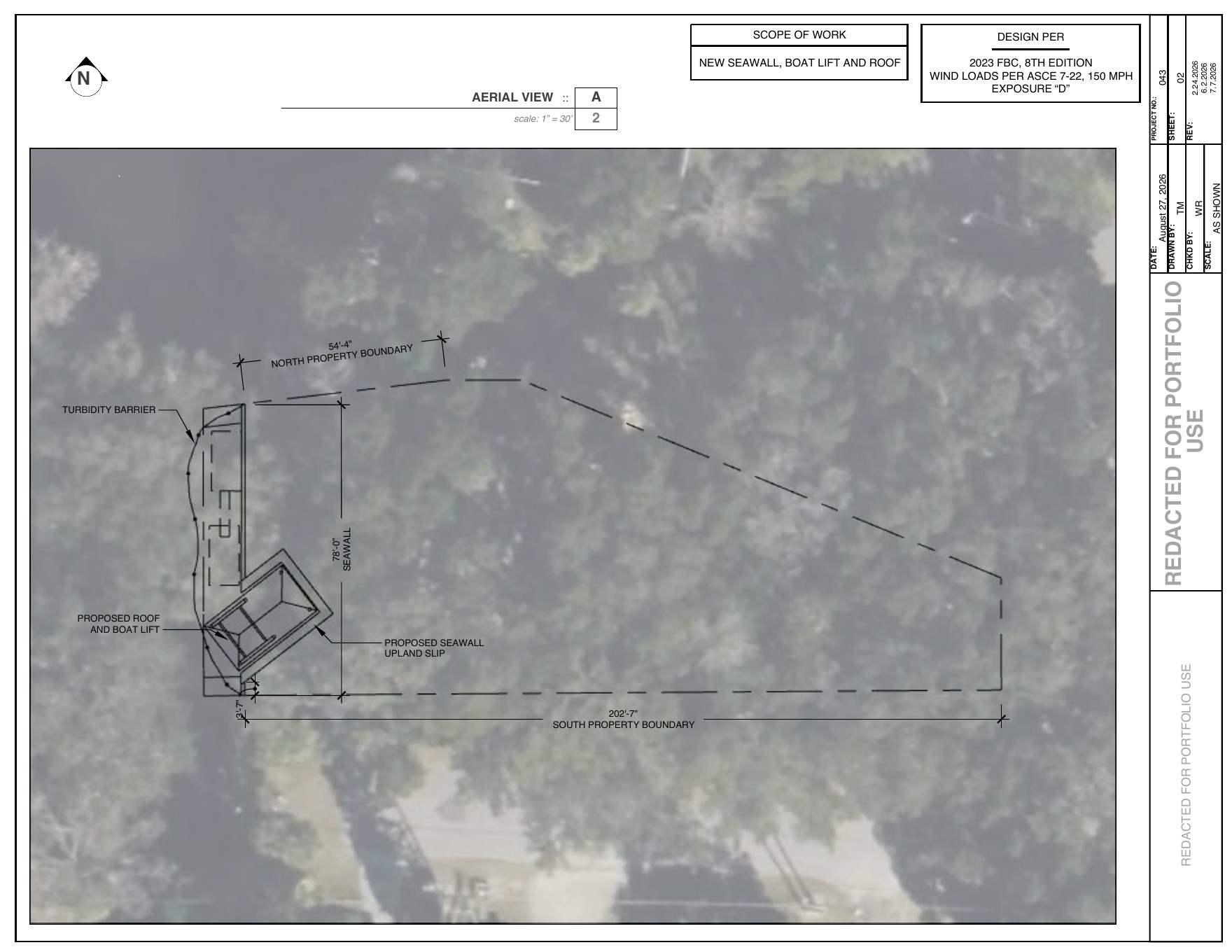 Redacted aerial layout for boat lift roof and seawall project