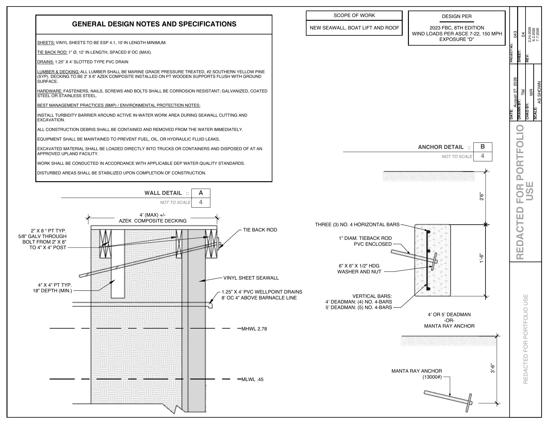 Vinyl seawall and anchor construction details