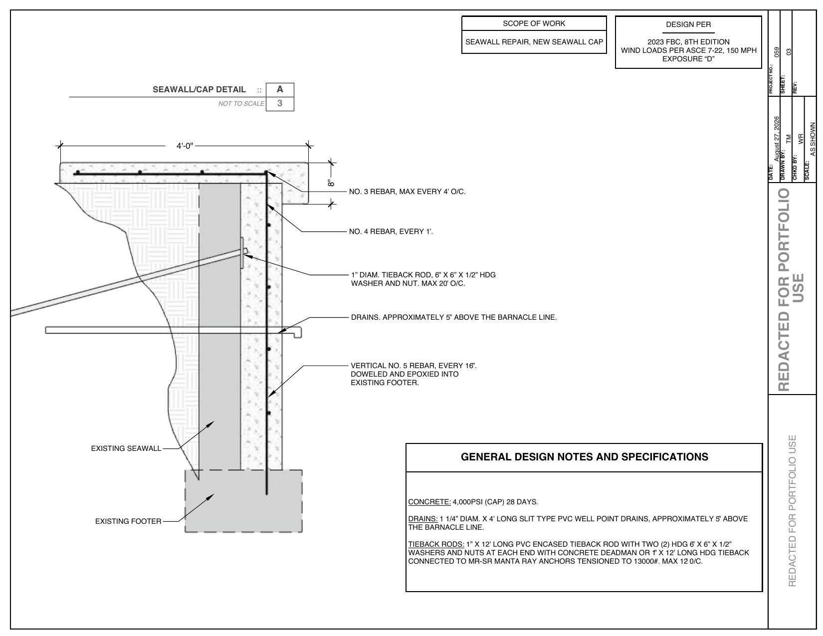 Concrete seawall construction detail