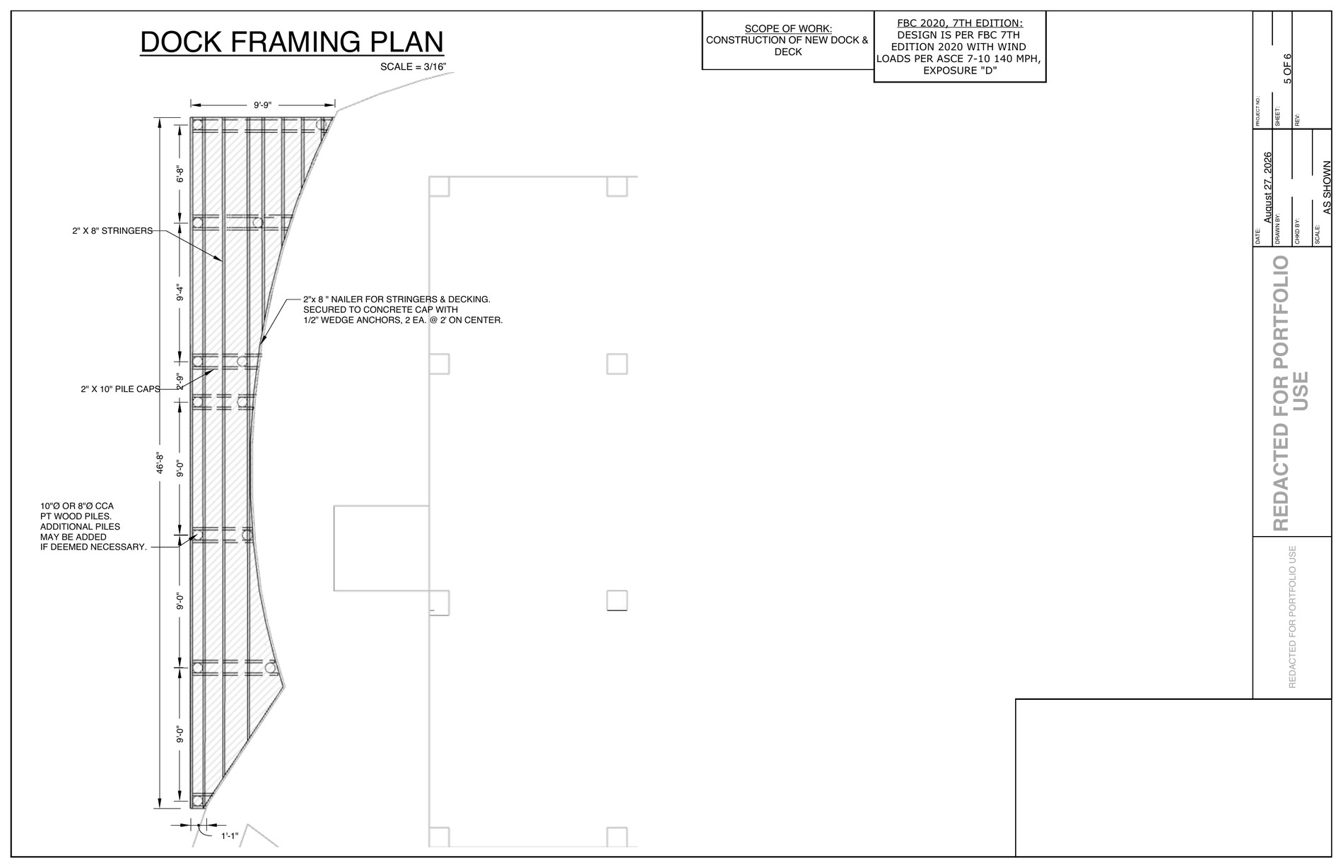 Dock framing plan with piles, pile caps and stringers