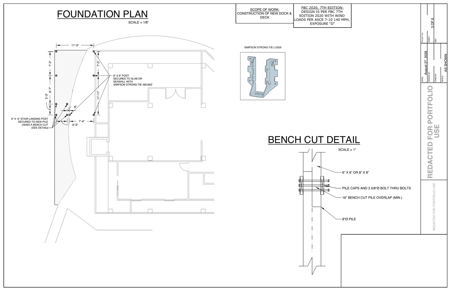 Foundation plan and bench cut pile detail