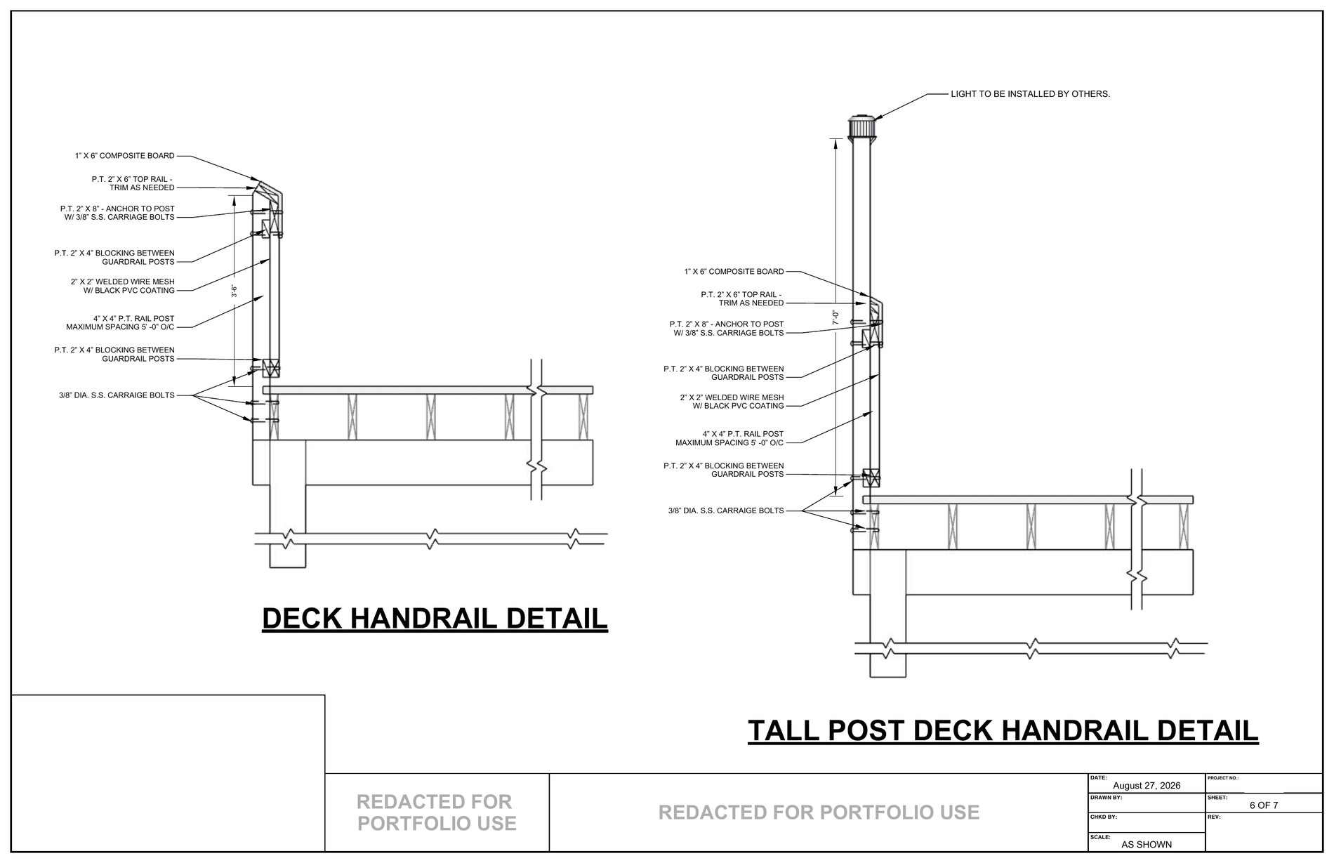Deck handrail and tall post handrail details